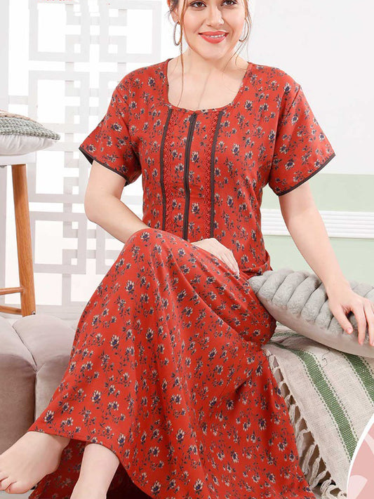 Women Printed Cotton Nighty Zenia - 10877C