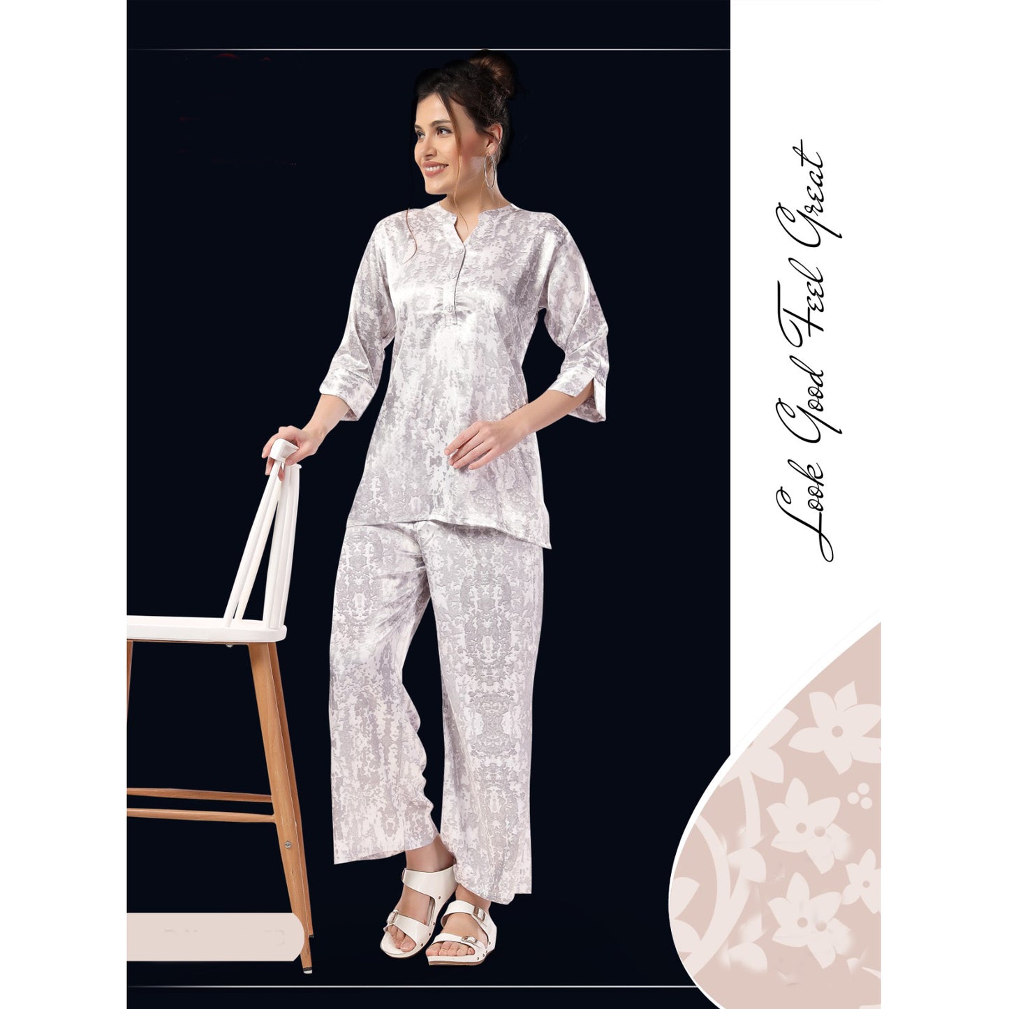 Women long sleeve printed Satin night suit Zenia-8597B