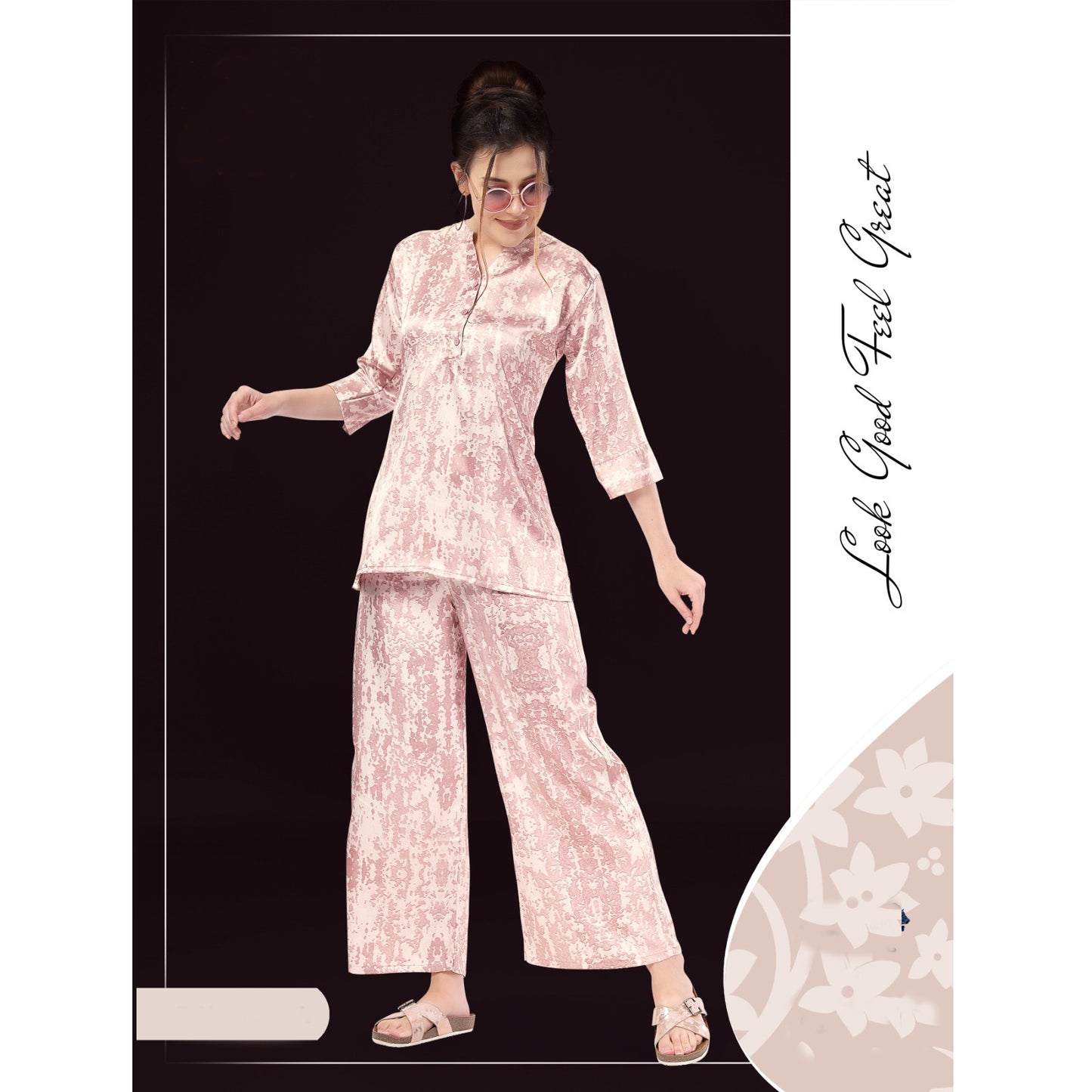 Women long sleeve printed Satin night suit Zenia-8597A