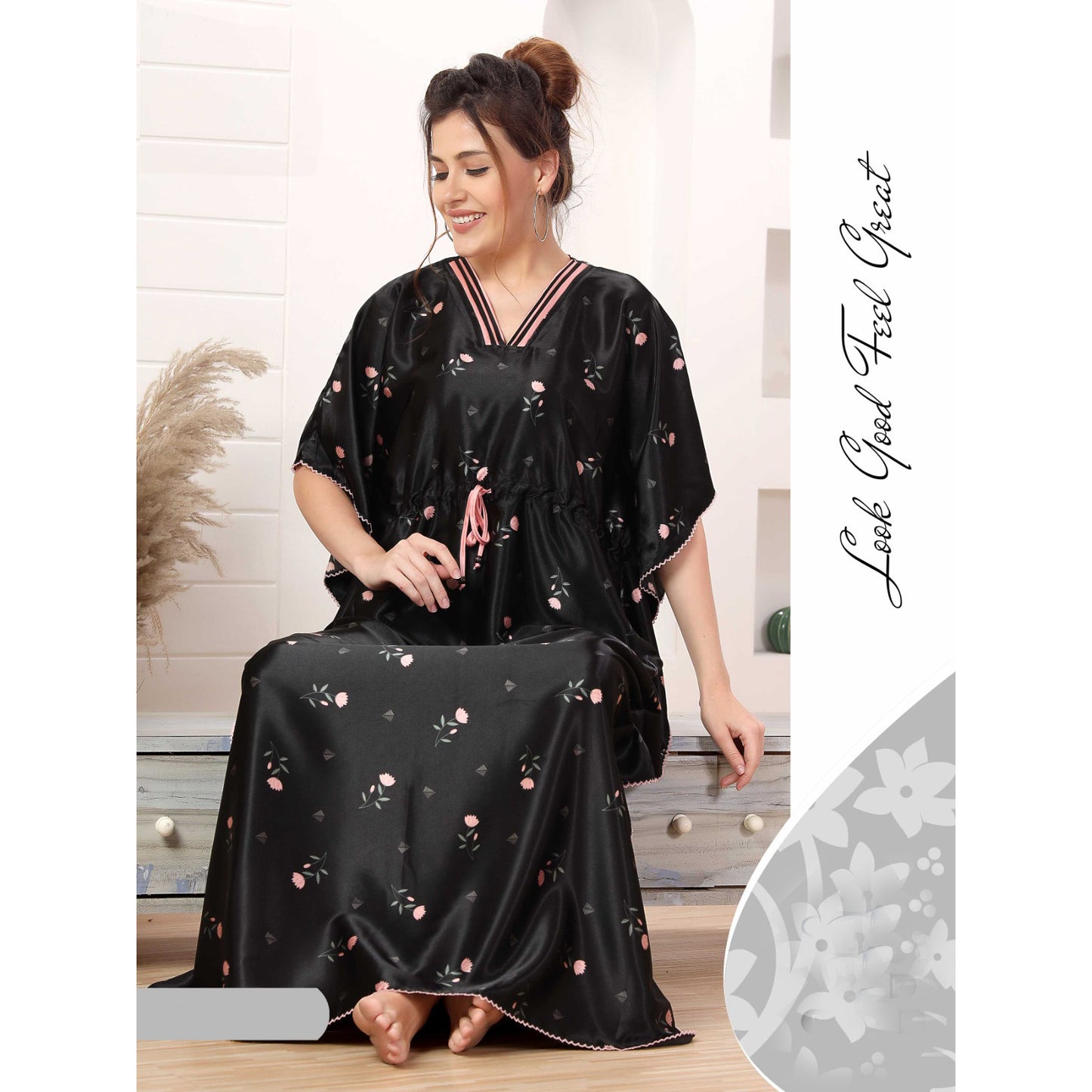 Women Floral Printed Satin Kaftan Zenia-8583A