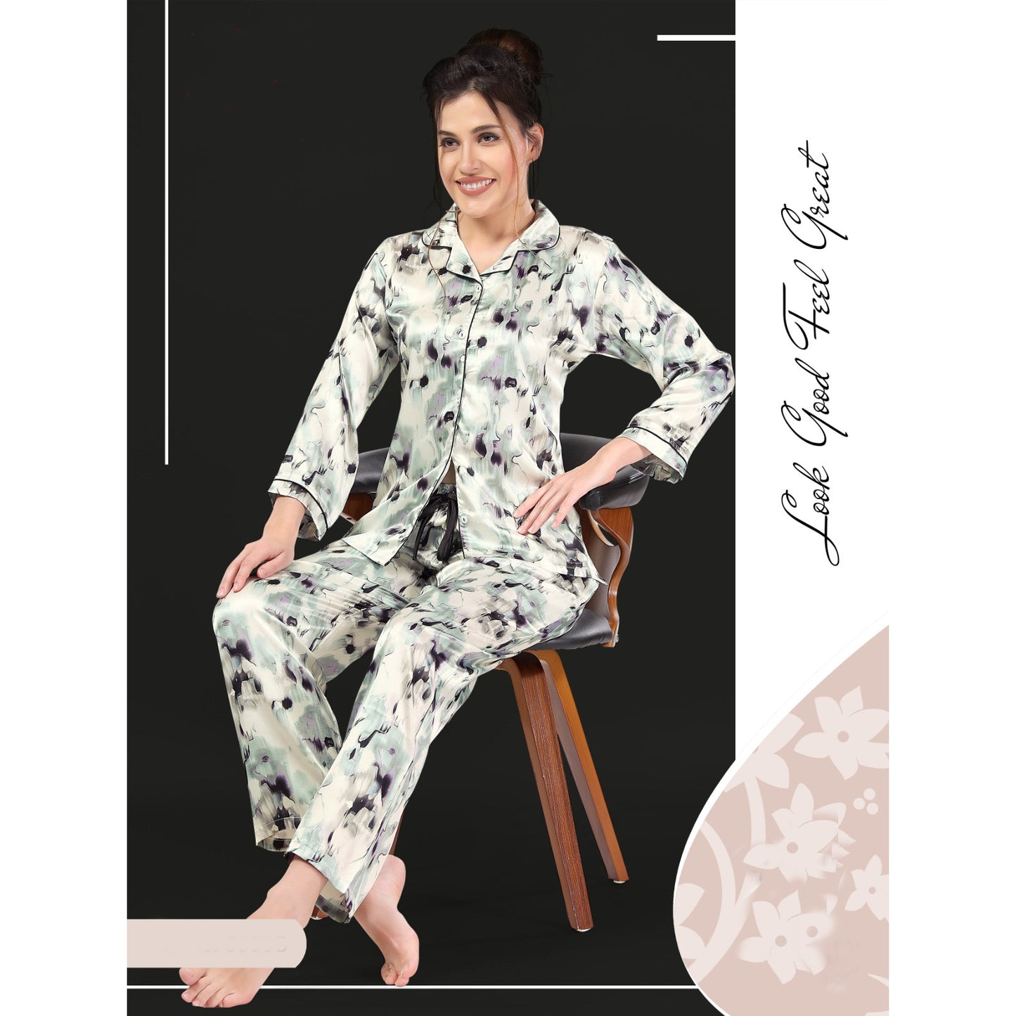 Women long sleeve printed Satin night suit Zenia-8595B