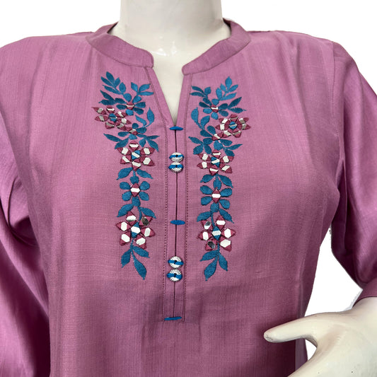 Women embroided neck pink Kurti - 44046