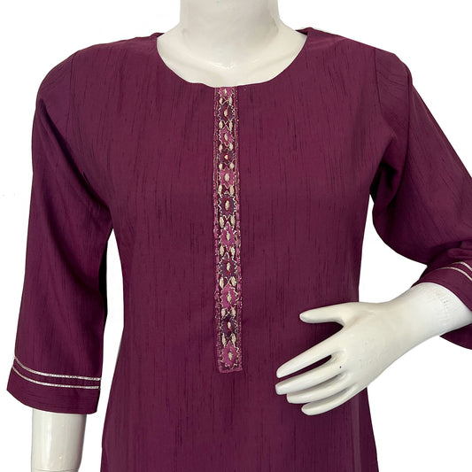 Women embroided round neck maroon Kurti - 5082