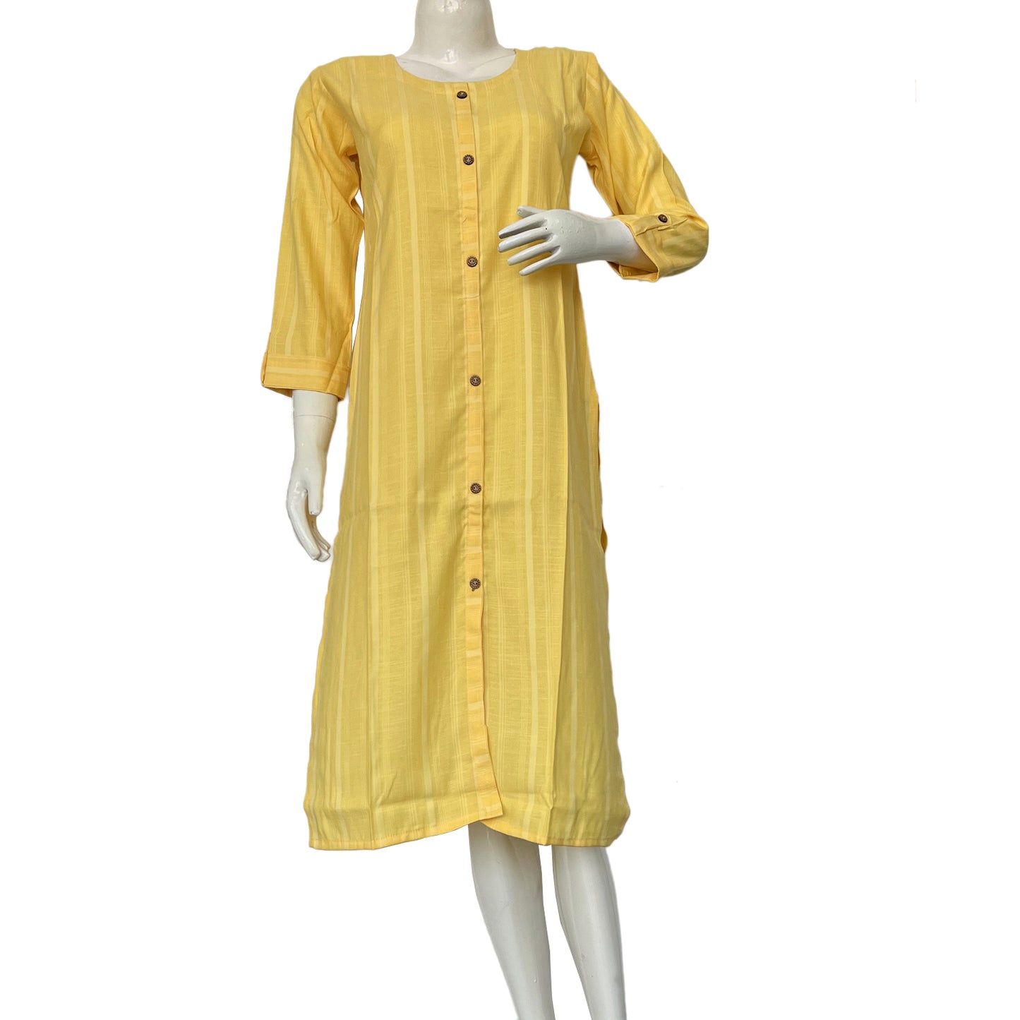 Women self print cheque round neck yellow Kurti - 10001A