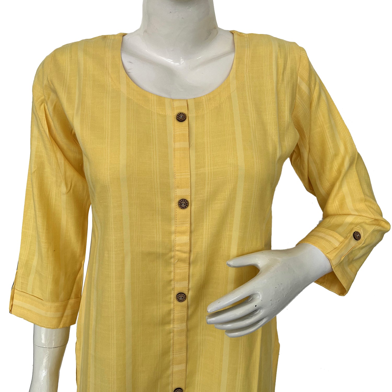 Women self print cheque round neck yellow Kurti - 10001A