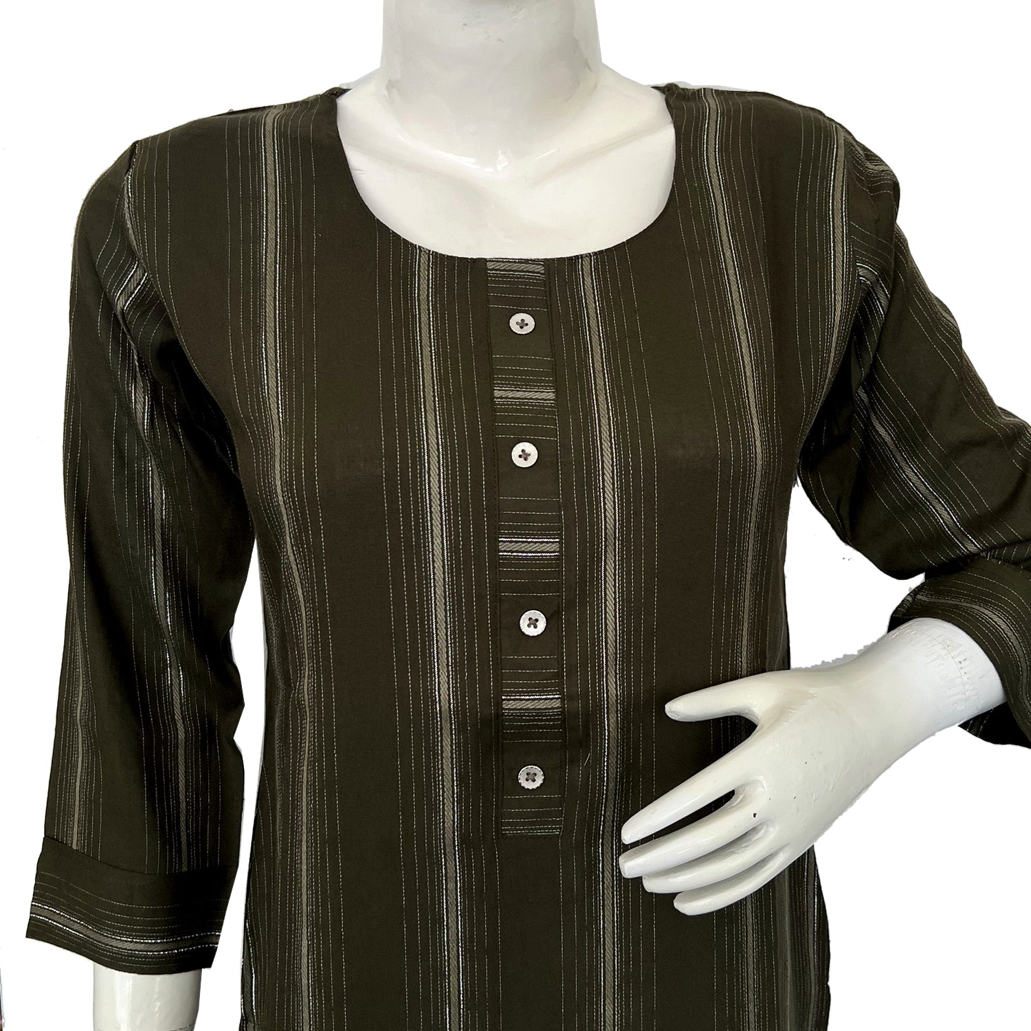 Women striped round neck Olive green Kurti - 10152