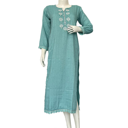 Women round neck embroided turquoise green Kurti - 10332