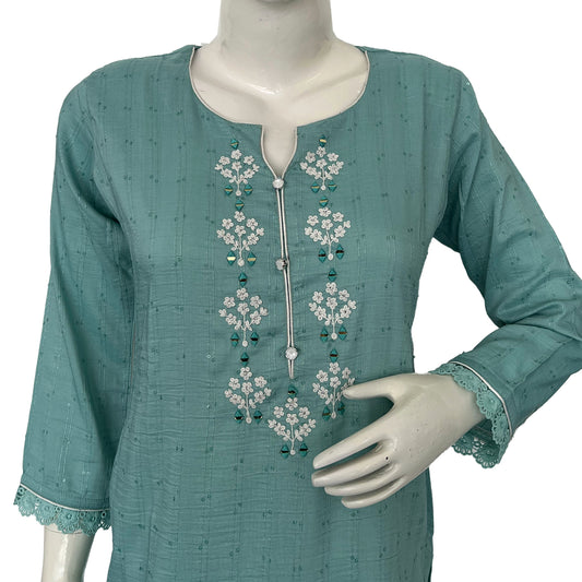 Women round neck embroided turquoise green Kurti - 10332