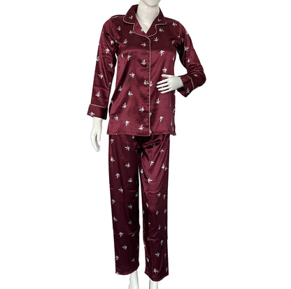 Women long sleeve satin printed night suit