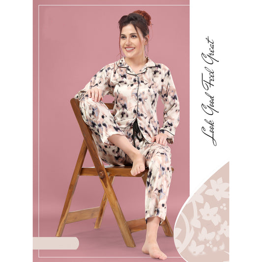 Women long sleeve printed Satin night suit Zenia-8595A