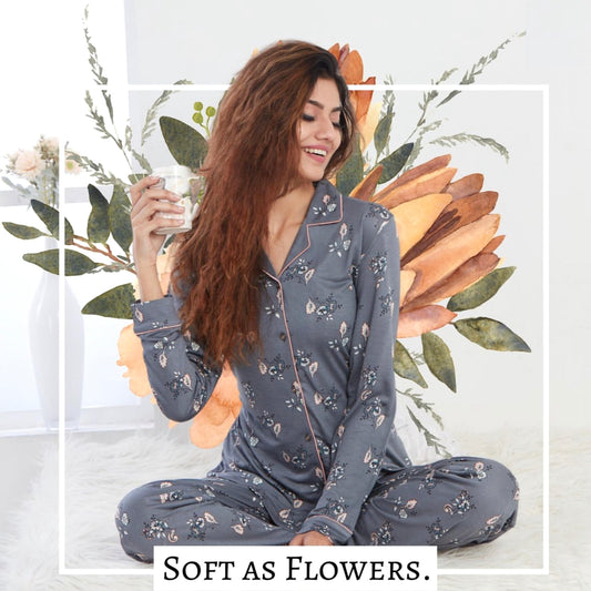 Kanvin Grey Floral Night Suit